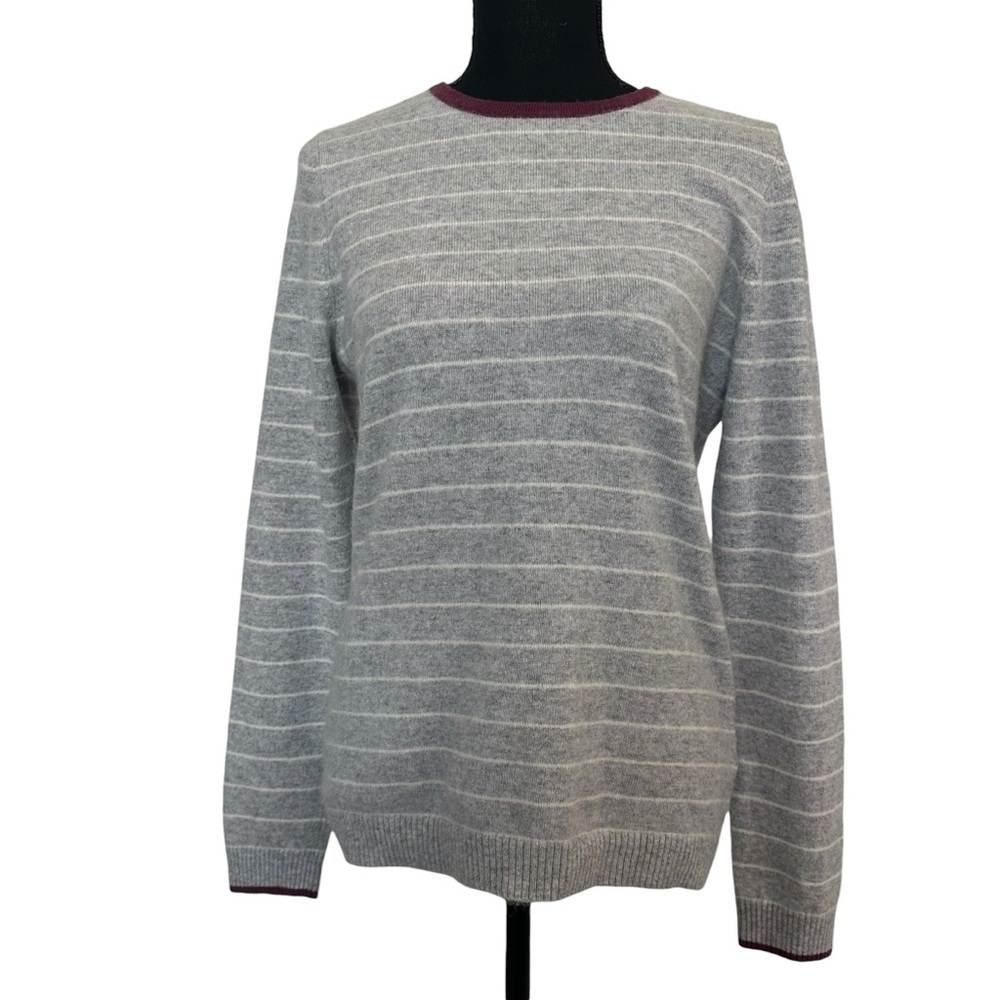 L. L. Bean Sweater 100% Cashmere Gray White Striped Minimalist Size Medium